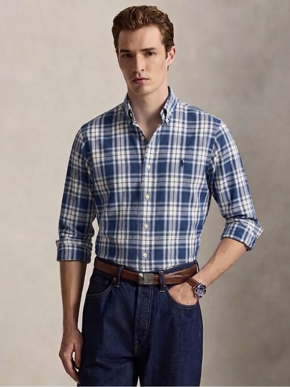 RALPH LAUREN Men's Classic Fit Plaid Indigo Oxford Shirt - Large